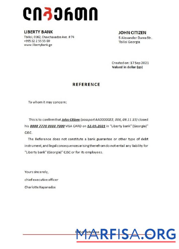 Blank Georgia Liberty Bank closure reference download for verification